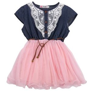 Girls Pink Flower Lace Denim & Tulle Dress